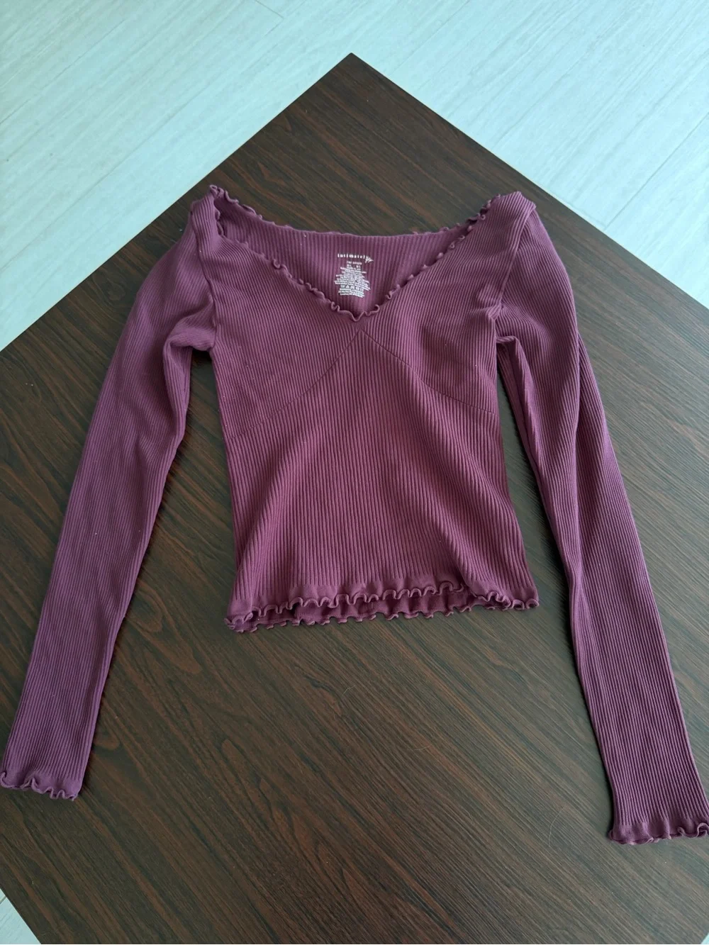 Free People Ribbed V-Neck Lettuce-Edge Long Sleeve Top in Plum Easy to Love